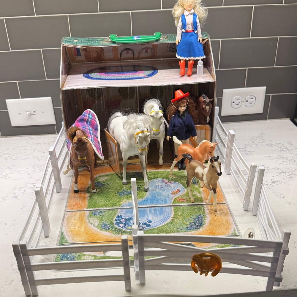 Vintage Horse Stable Playset with Dolls and Horses